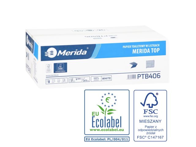 Papier toaletowy w listkach MERIDA TOP, biały, dwuwarstwowy, karton 9000 szt., ECOLABEL